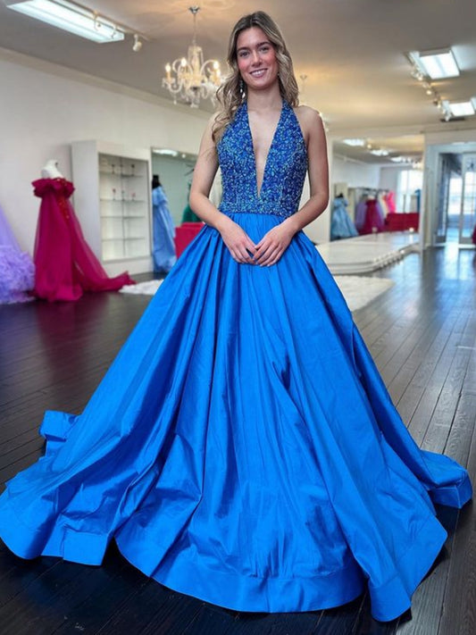 Open Back Halter V Neck Blue Long Prom Dress