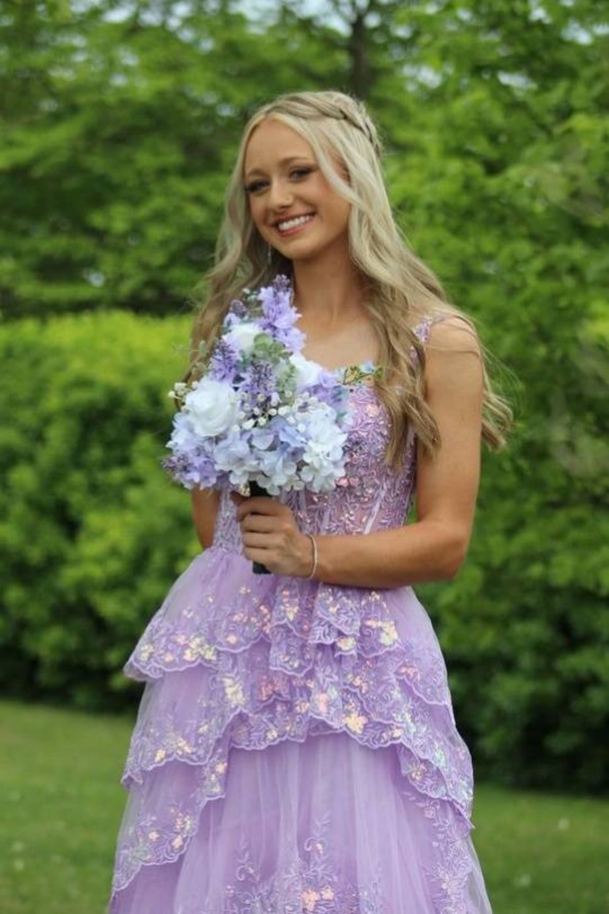 Open Back High Low Layered Lilac Lace Long Prom Dress