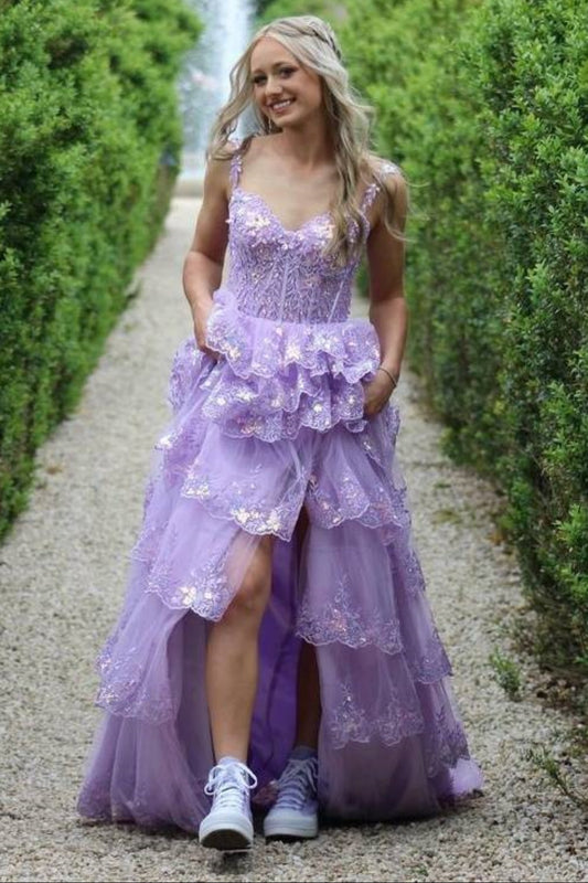 Open Back High Low Layered Lilac Lace Long Prom Dress