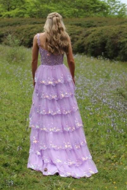 Open Back High Low Layered Lilac Lace Long Prom Dress