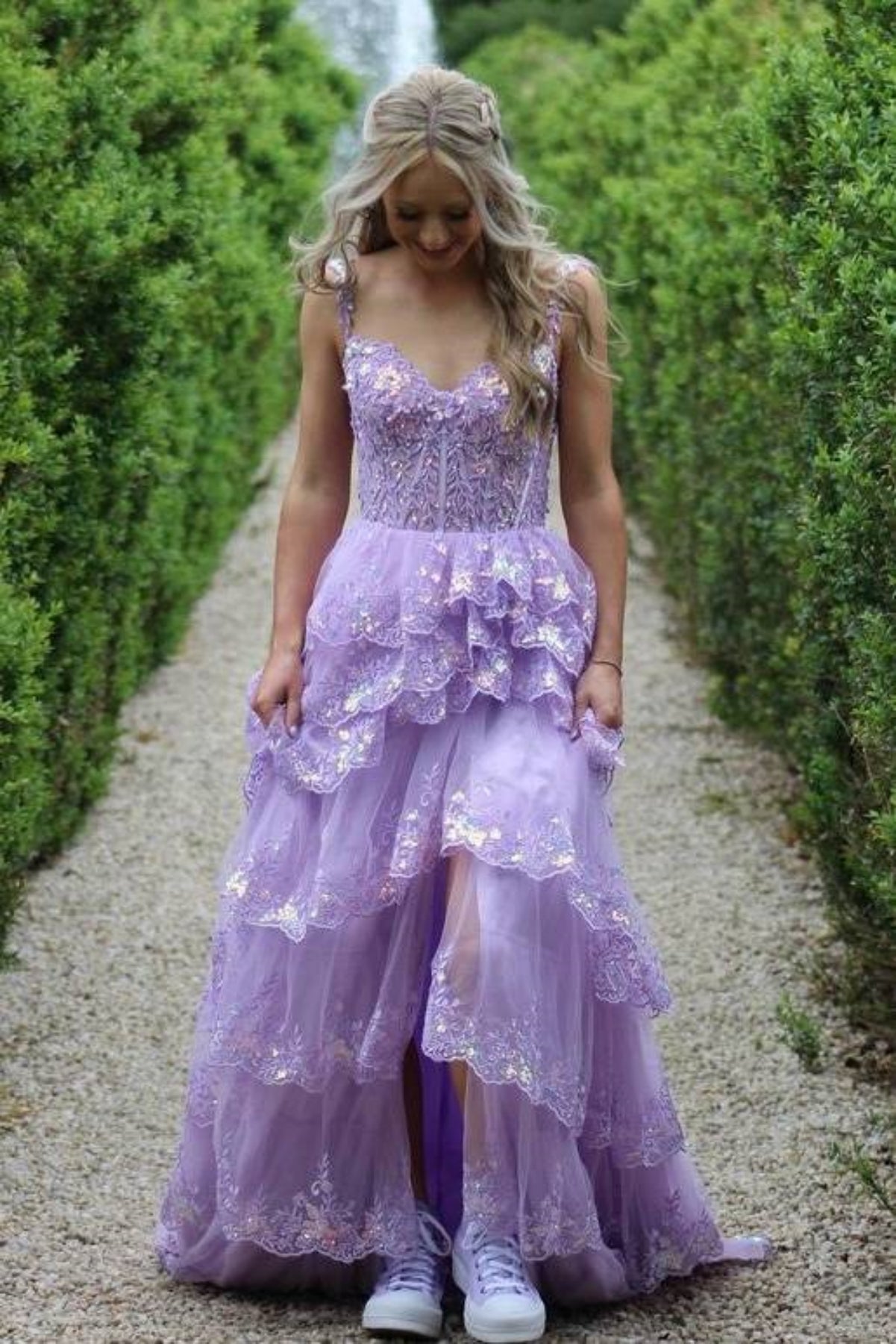 Open Back High Low Layered Lilac Lace Long Prom Dress