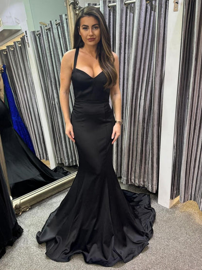 Open Back Mermaid Black Satin Long Prom Dress