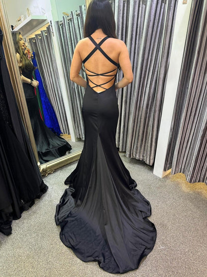 Open Back Mermaid Black Satin Long Prom Dress