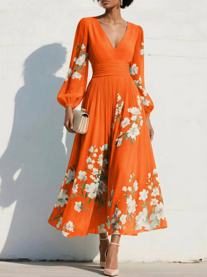 V-Neck Print-Chiffon Pleated Tea-Length Mother of the Bride Dress