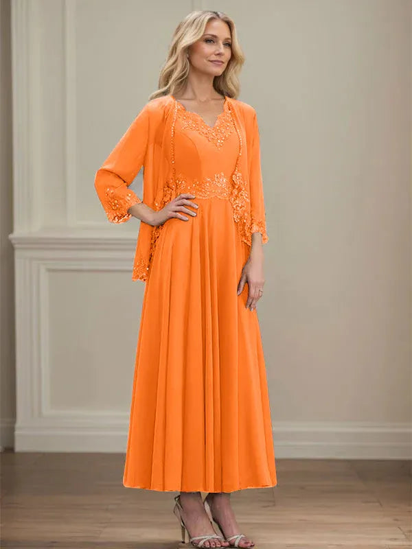 A-line V-Neck Ankle-Length Chiffon Mother of the Bride Dress