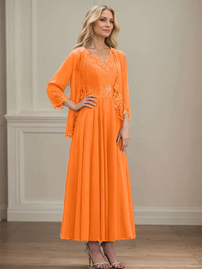 A-line V-Neck Ankle-Length Chiffon Mother of the Bride Dress