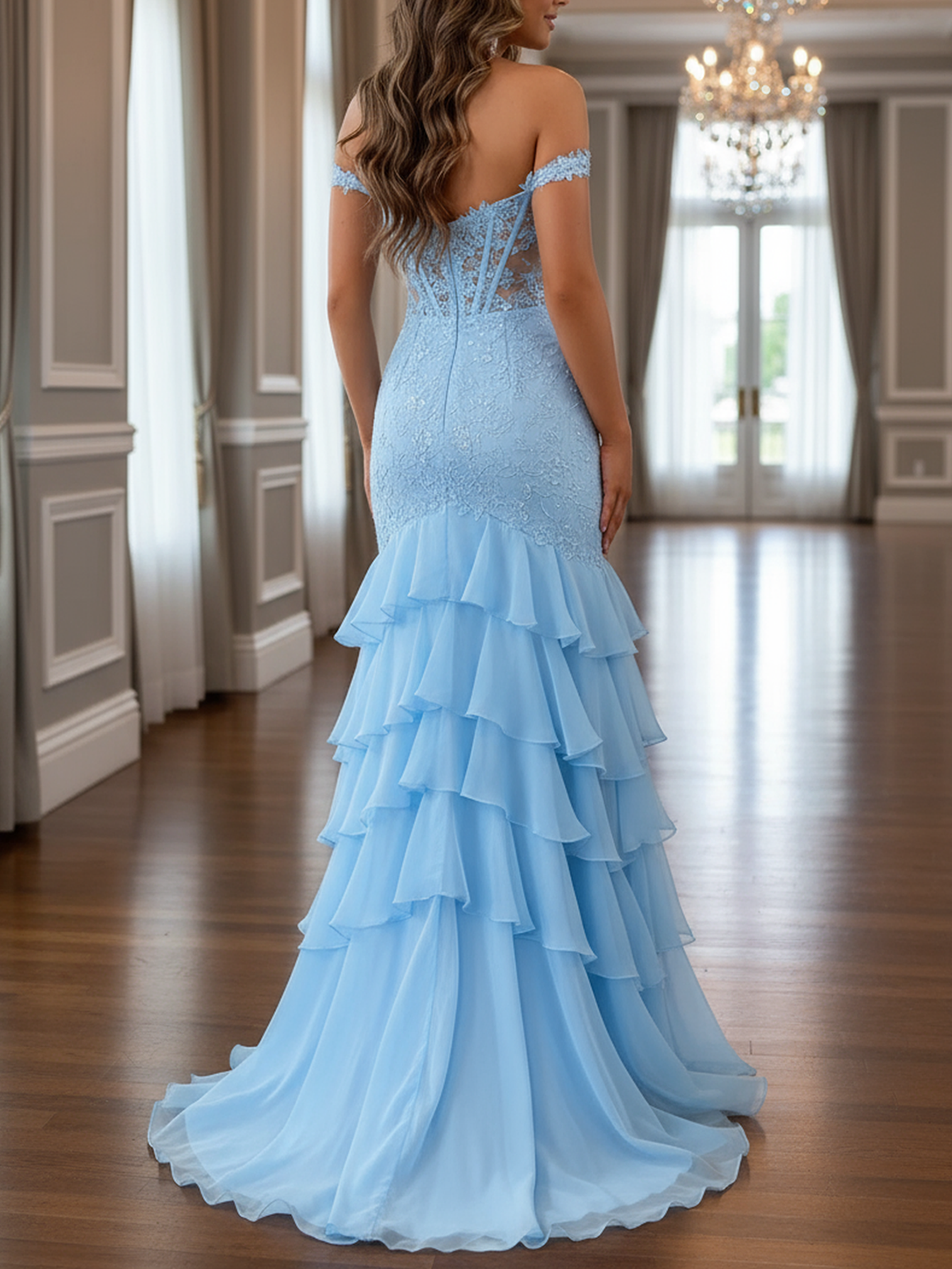 Cut Front Leaf Lace Boned Mermaid Prom Dress With Layered