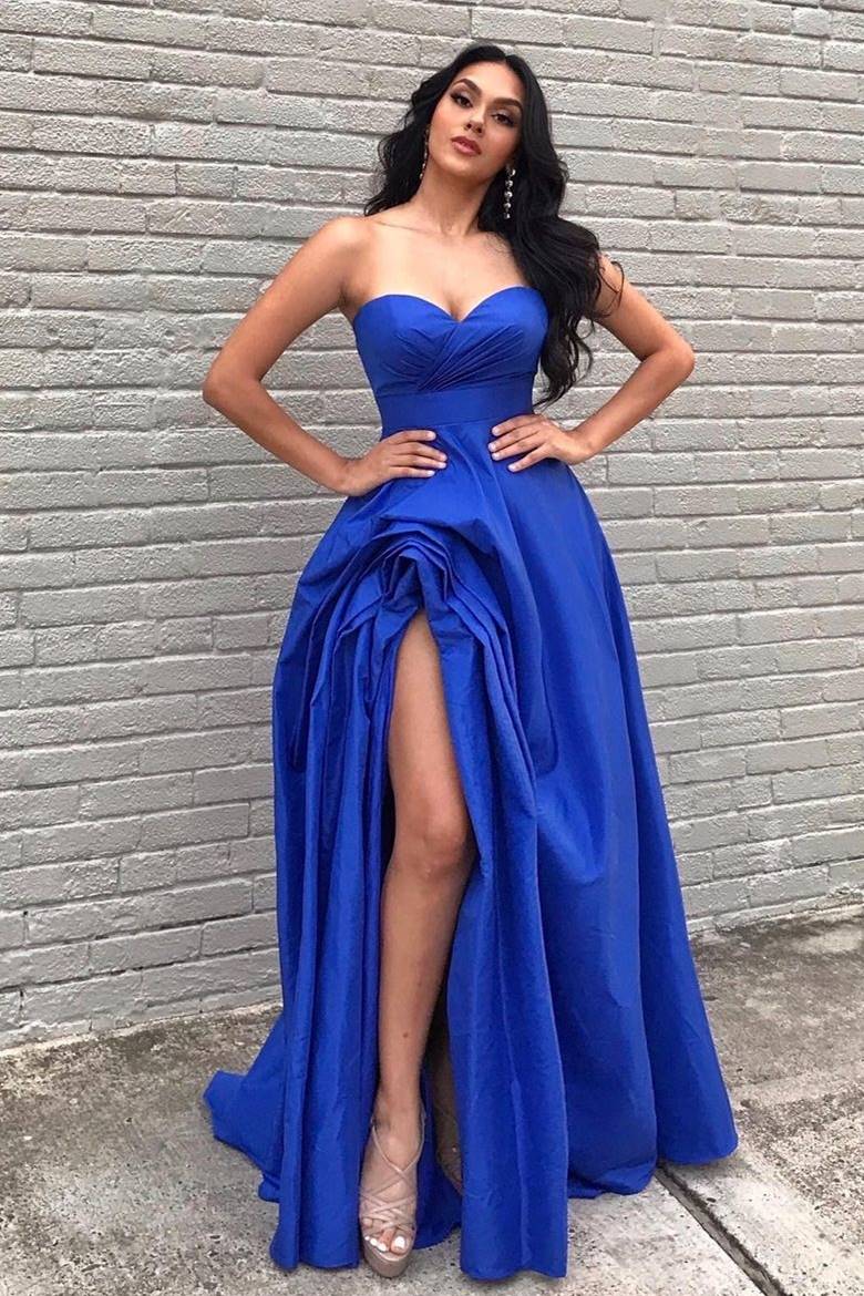 Sexy A-Line Empire-Waist Strapless Royal Blue Long Formal Prom Dress