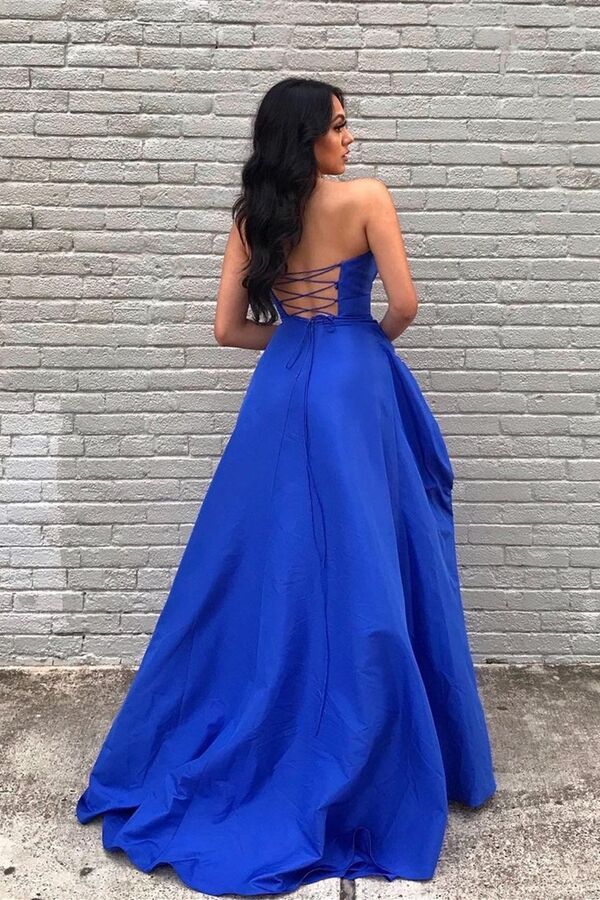Sexy A-Line Empire-Waist Strapless Royal Blue Long Formal Prom Dress