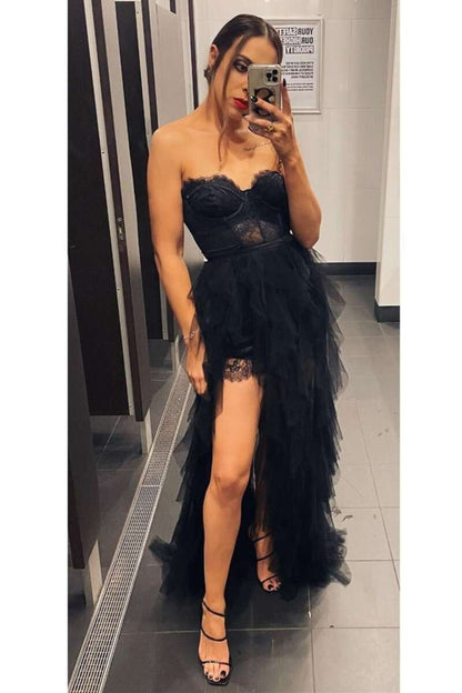 Rust Lace Bustier Tiered Long Prom Dress with Slit