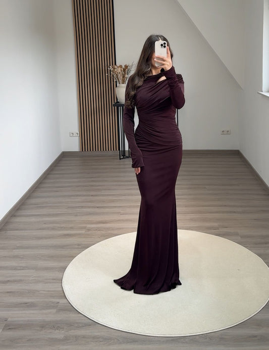 A-Line Long Sleeves Ruched Evening Dress