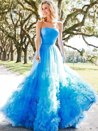 Pale Blue Satin Pleating Tulle Strapless A-line Prom Dress