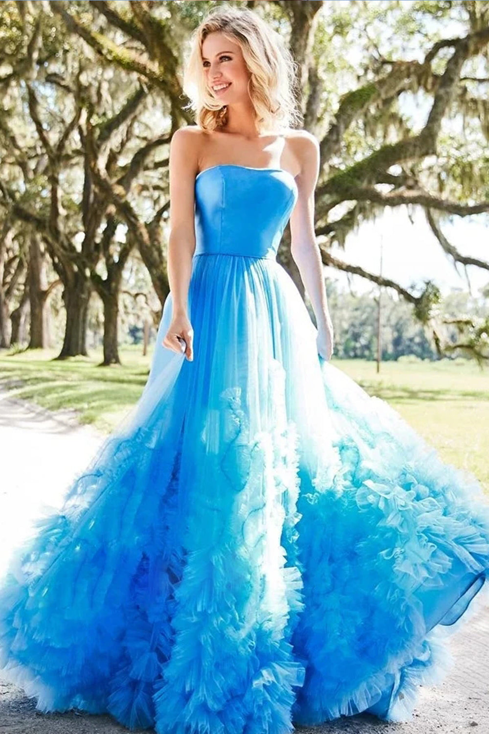 Pale Blue Satin Pleating Tulle Strapless A-line Prom Dress