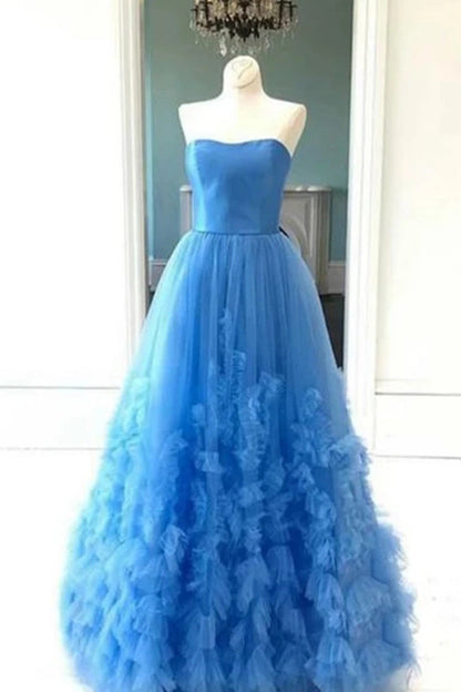 Pale Blue Satin Pleating Tulle Strapless A-line Prom Dress