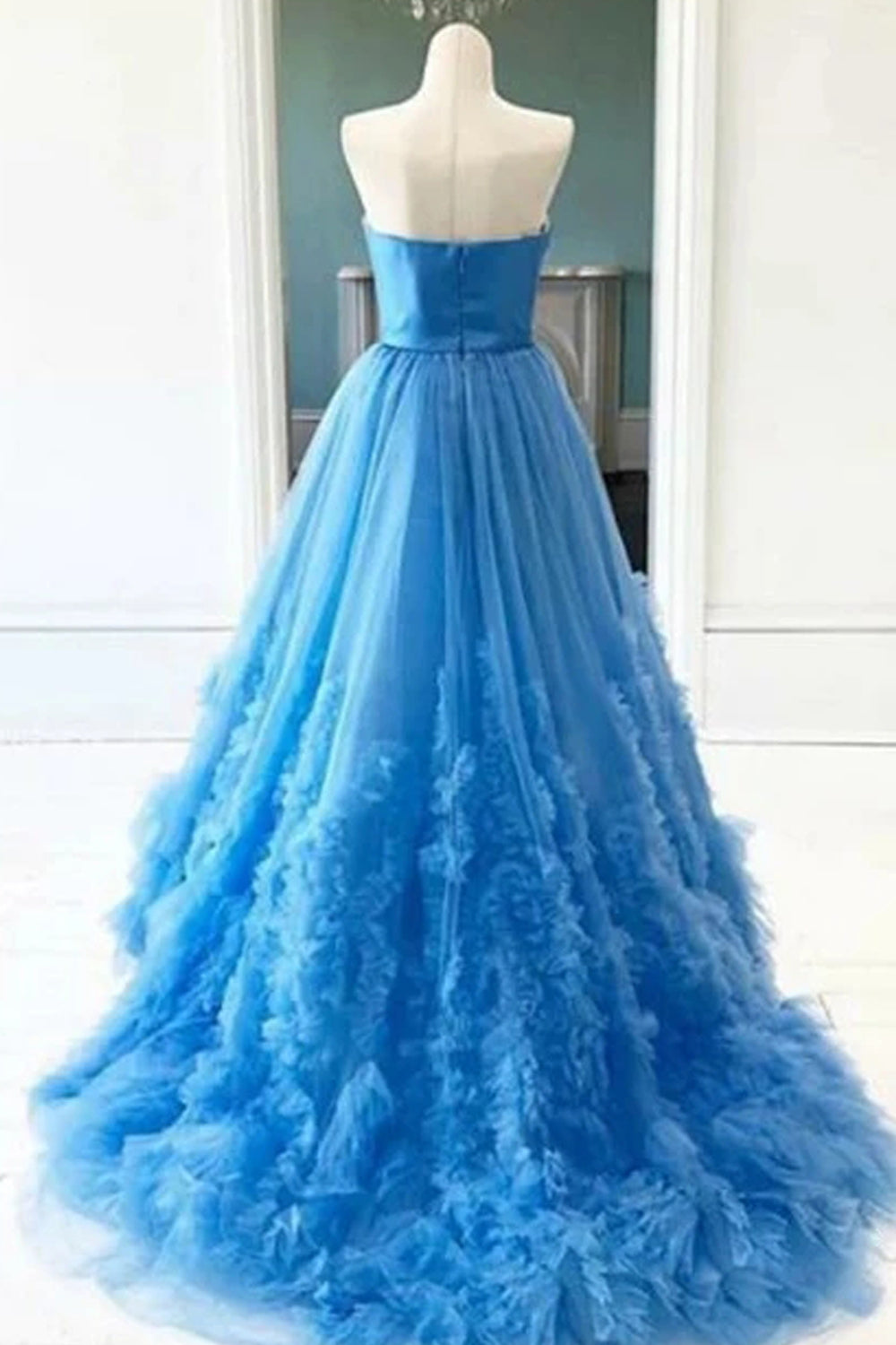 Pale Blue Satin Pleating Tulle Strapless A-line Prom Dress