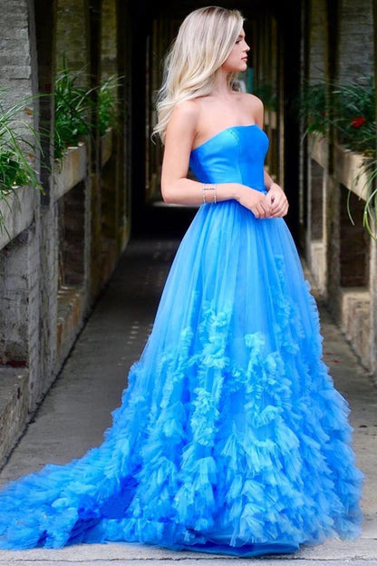 Pale Blue Satin Pleating Tulle Strapless A-line Prom Dress