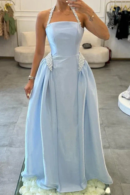 Pearls Halter Sky Blue Satin A-Line Maxi Party Prom Dress