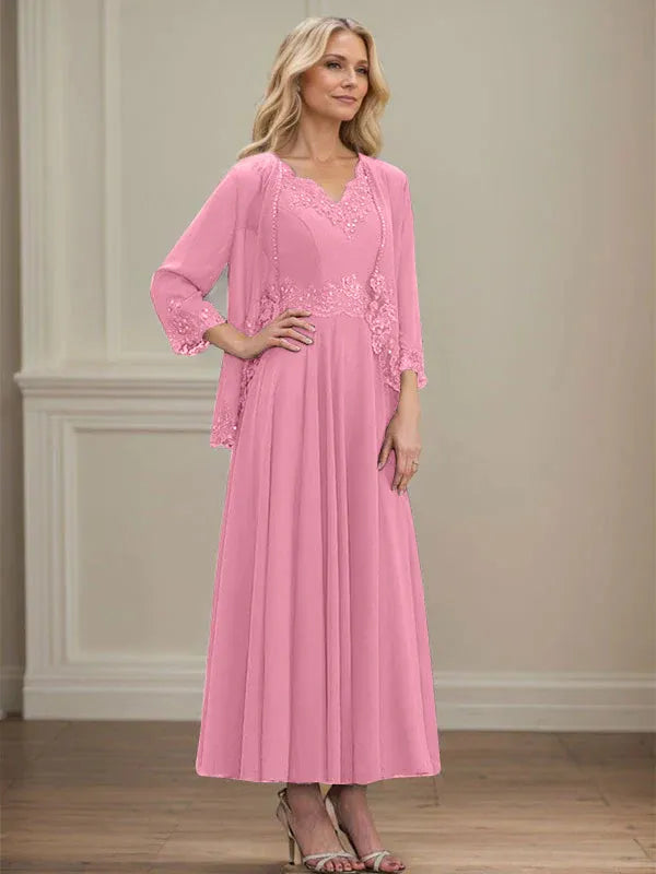 A-line V-Neck Ankle-Length Chiffon Mother of the Bride Dress