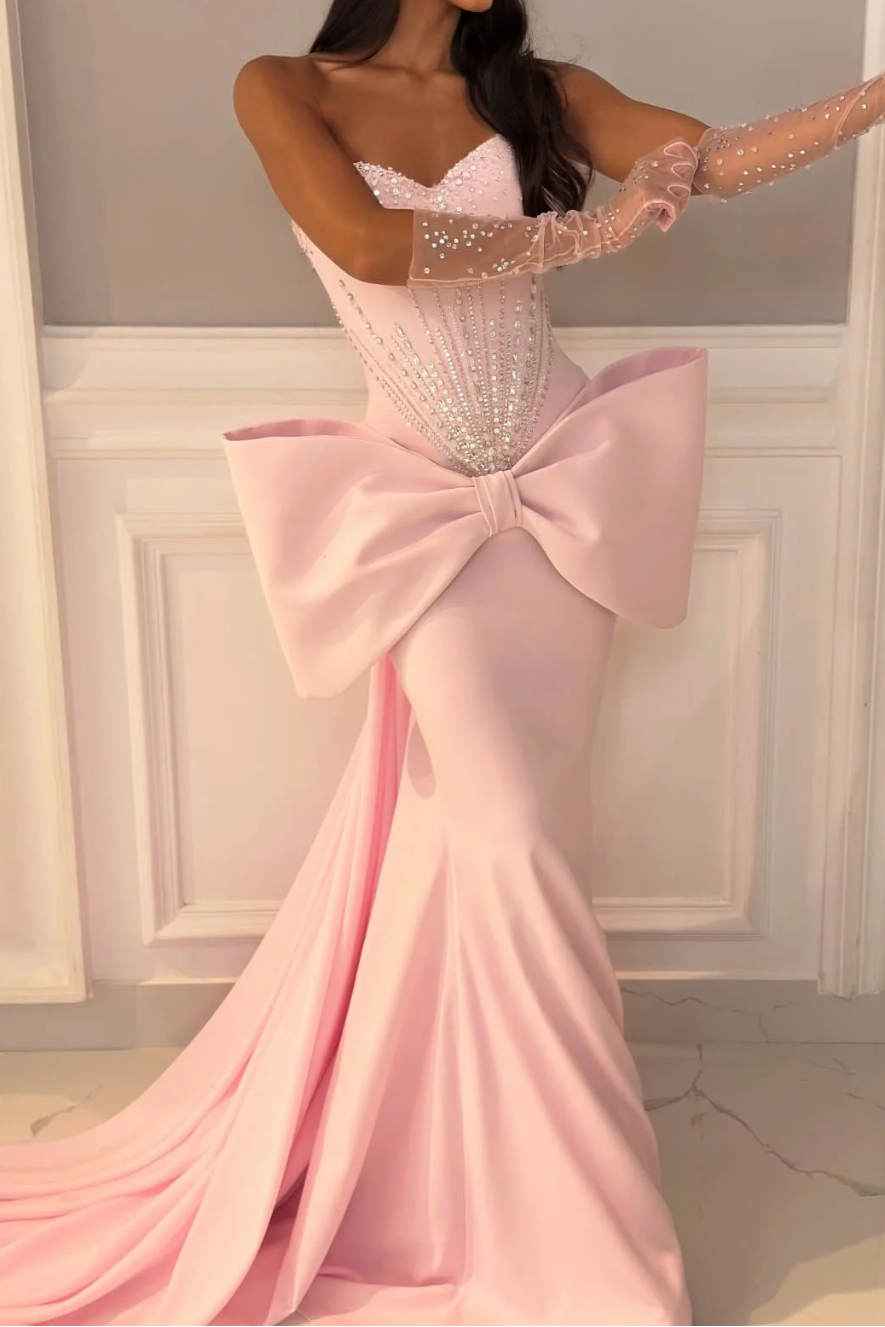 Sweetheart Sleeveless Beaded Satin Pleated Train Mermaid Formal Prom Dress