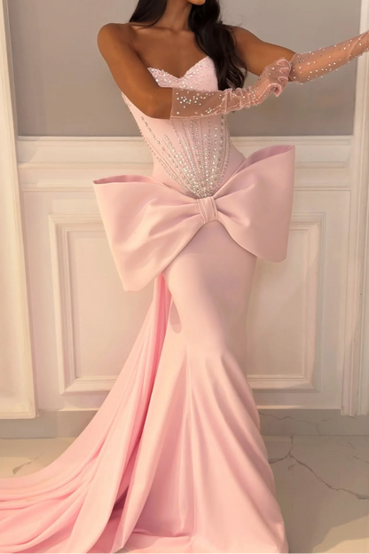 Sweetheart Sleeveless Beaded Satin Pleated Train Mermaid Formal Prom Dress