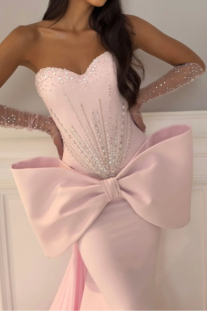 Sweetheart Sleeveless Beaded Satin Pleated Train Mermaid Formal Prom Dress