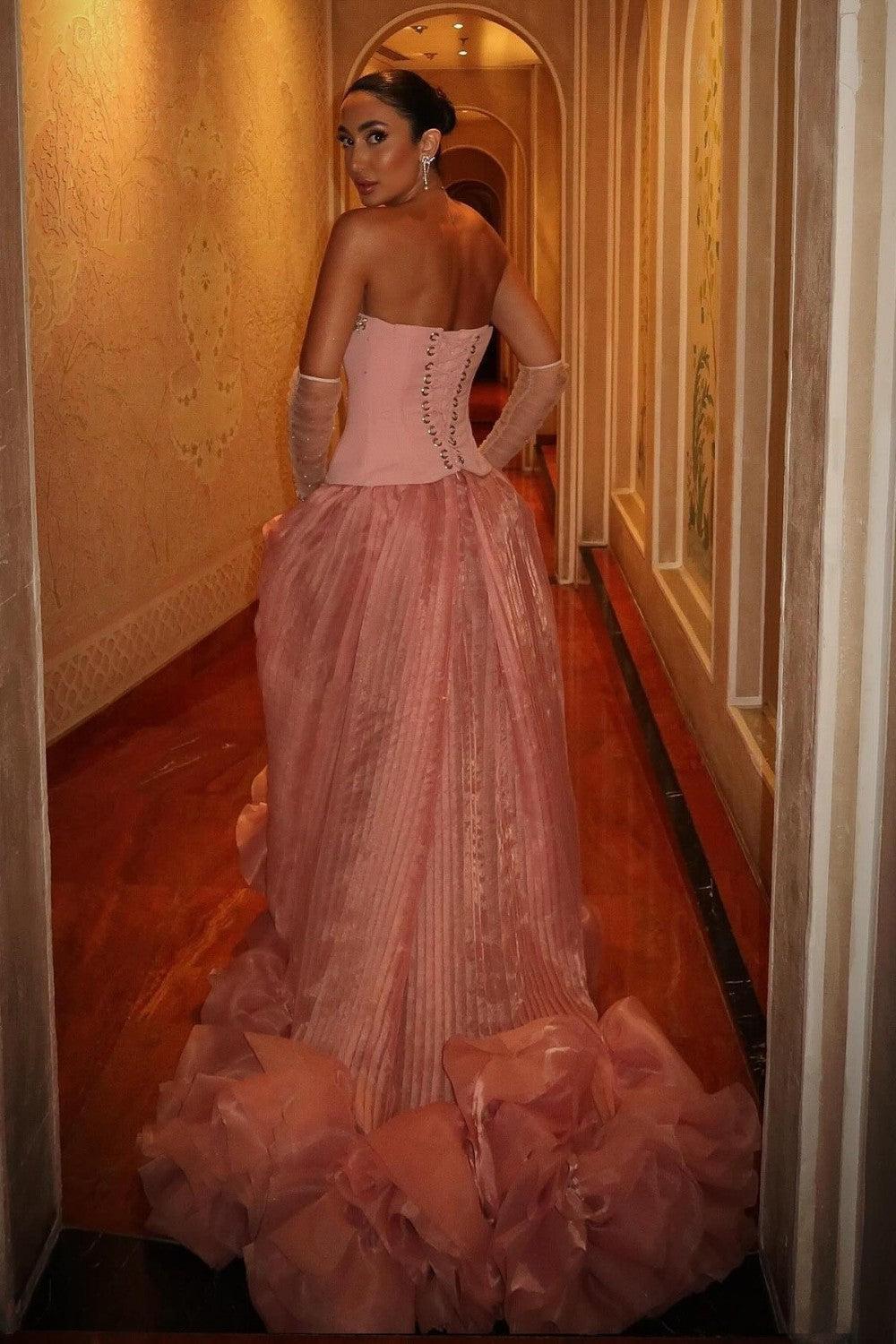 Pink Strapless Corset Prom Dress With Beaded