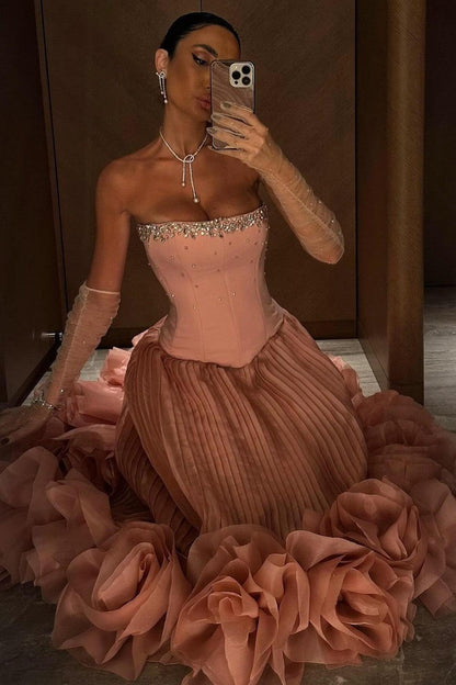 Pink Strapless Corset Prom Dress With Beaded