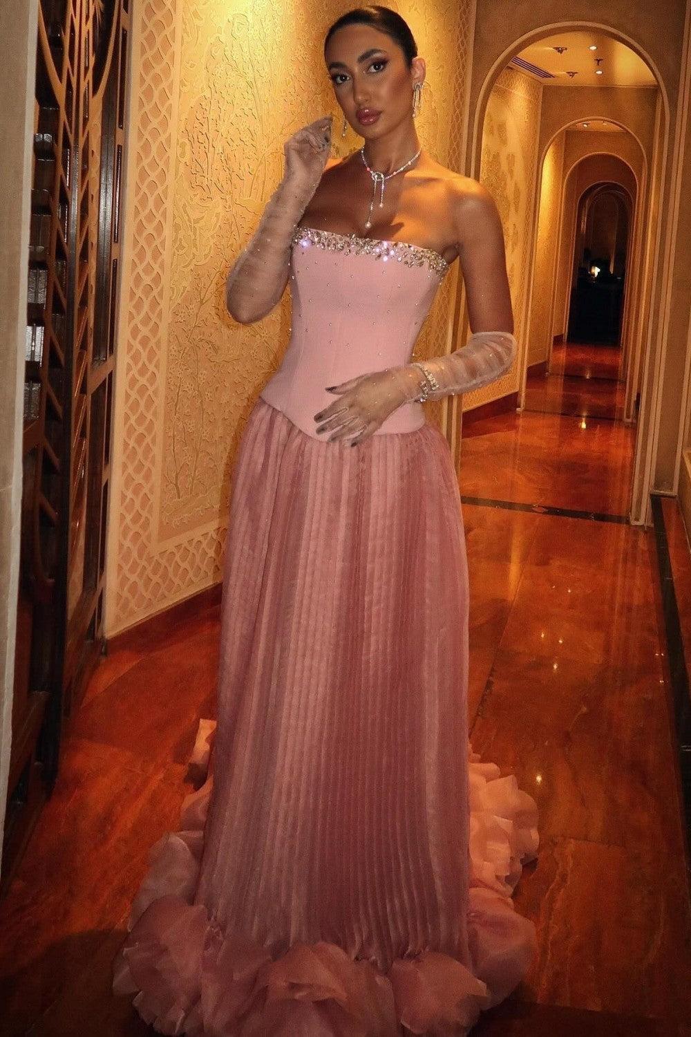 Pink Strapless Corset Prom Dress With Beaded