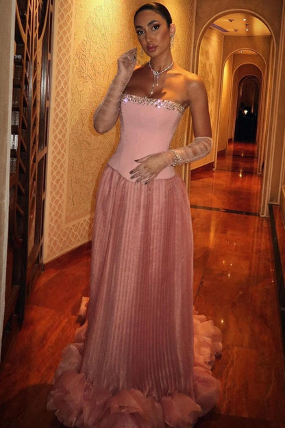 Pink Strapless Corset Prom Dress With Beaded