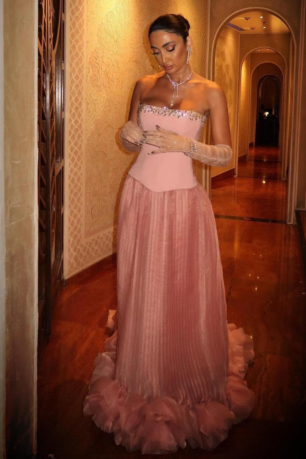 Pink Strapless Corset Prom Dress With Beaded