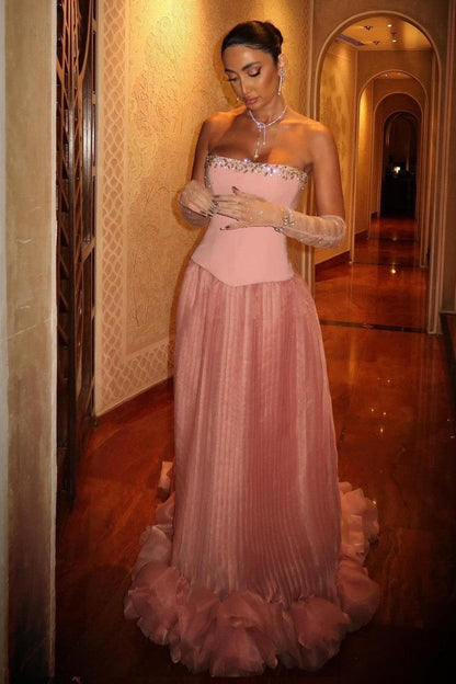 Pink Strapless Corset Prom Dress With Beaded