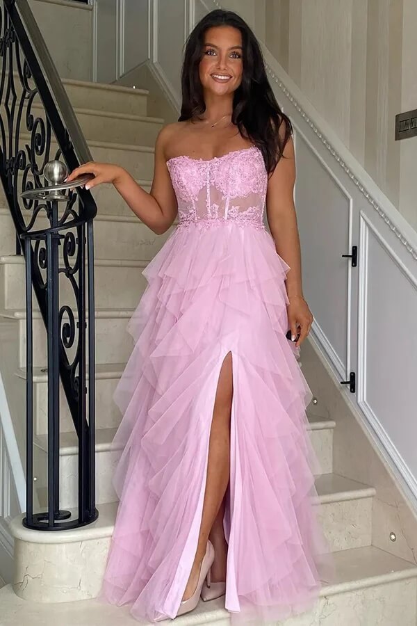 Pink A-Line Ruffles Lace Appliques Corset Long Prom Dress
