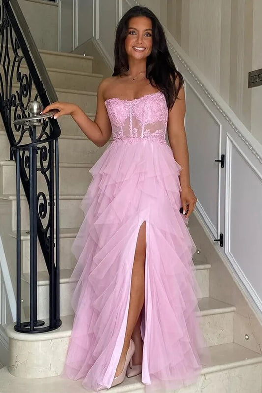 Pink A-Line Ruffles Lace Appliques Corset Long Prom Dress
