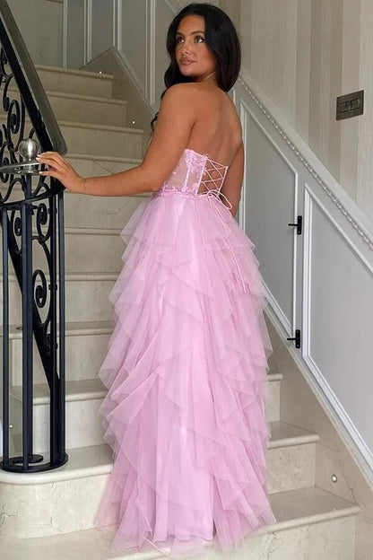 Pink A-Line Ruffles Lace Appliques Corset Long Prom Dress