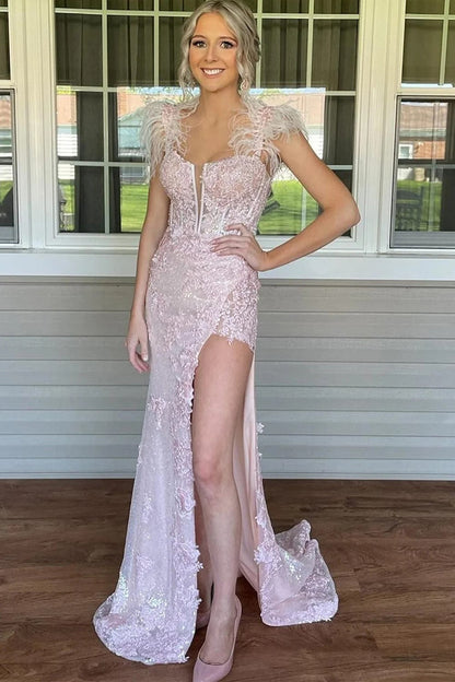 Mermaid Appliques Split Pink Prom Dress with Feathers