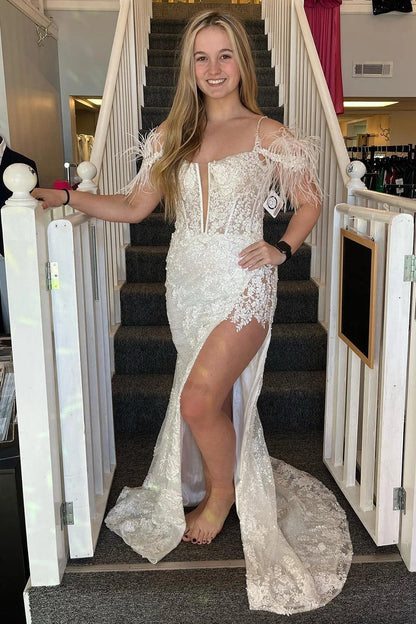 Mermaid Appliques Split Pink Prom Dress with Feathers