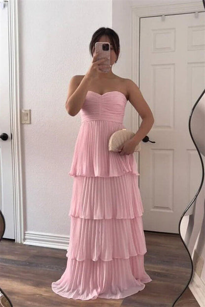 Pink Chiffon Tiered A Line Strapless Ruffle Prom Dress