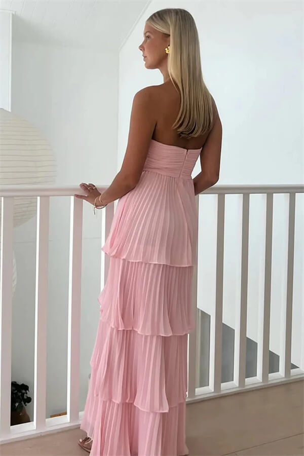 Pink Chiffon Tiered A Line Strapless Ruffle Prom Dress