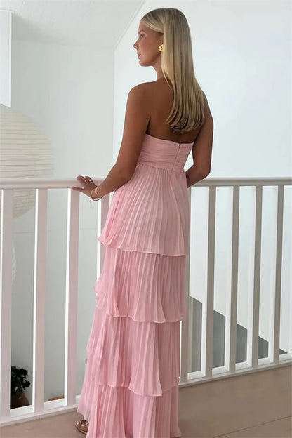 Pink Chiffon Tiered A Line Strapless Ruffle Prom Dress