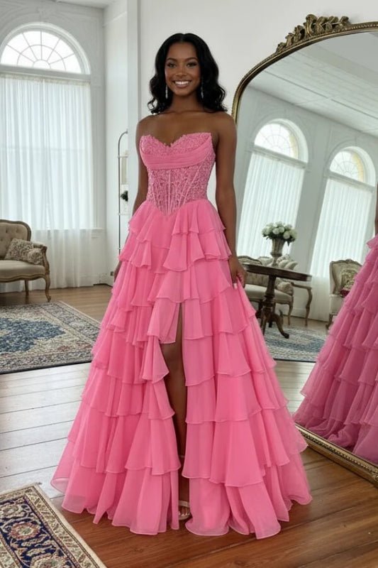 Pink Chiffon Tiered A Line Strapless Sweetheart Neck Prom Dress