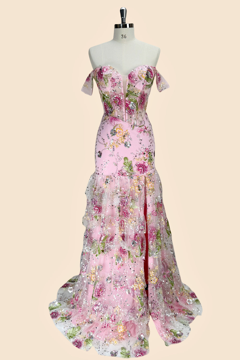 Pink Floral Off Shoulder Corset Mermaid Prom Dress