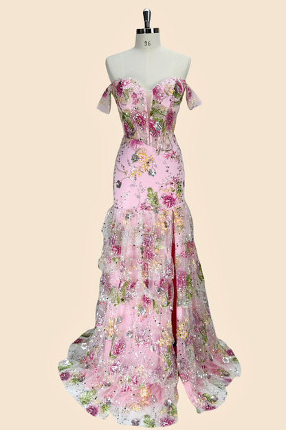 Pink Floral Off Shoulder Corset Mermaid Prom Dress