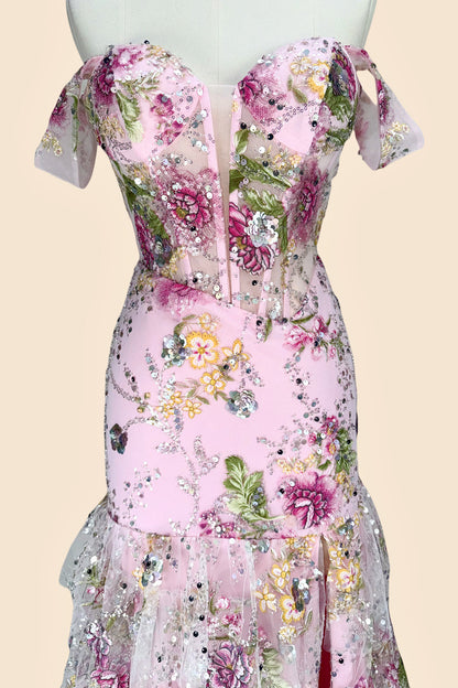 Pink Floral Off Shoulder Corset Mermaid Prom Dress