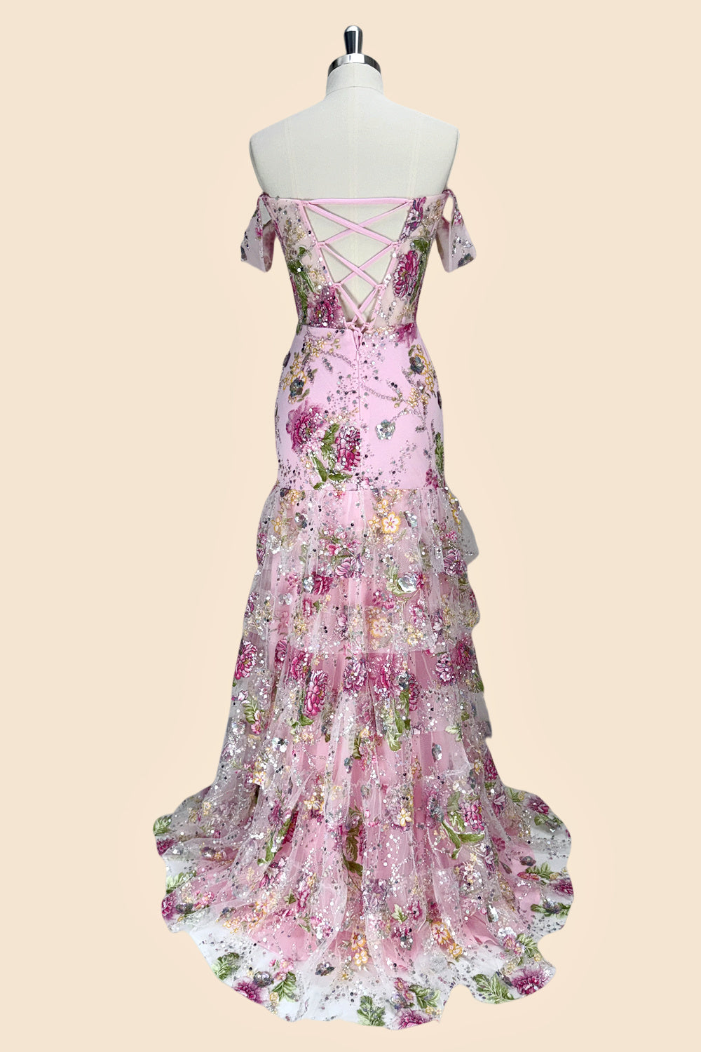 Pink Floral Off Shoulder Corset Mermaid Prom Dress