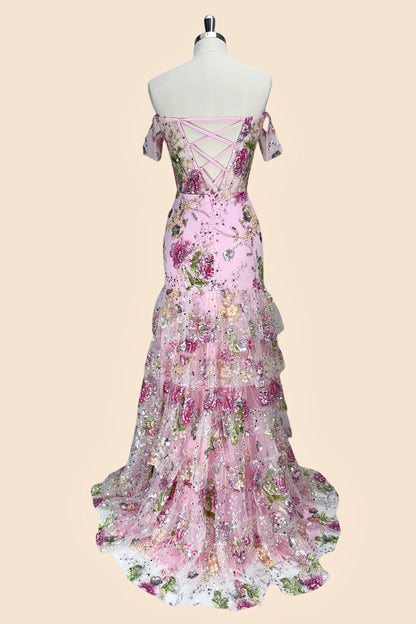 Pink Floral Off Shoulder Corset Mermaid Prom Dress