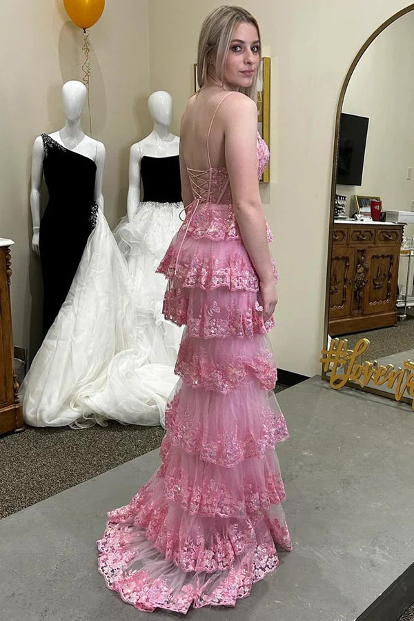 Glitter Lace Appliques Ruffle Tiered Pink Long Prom Dress