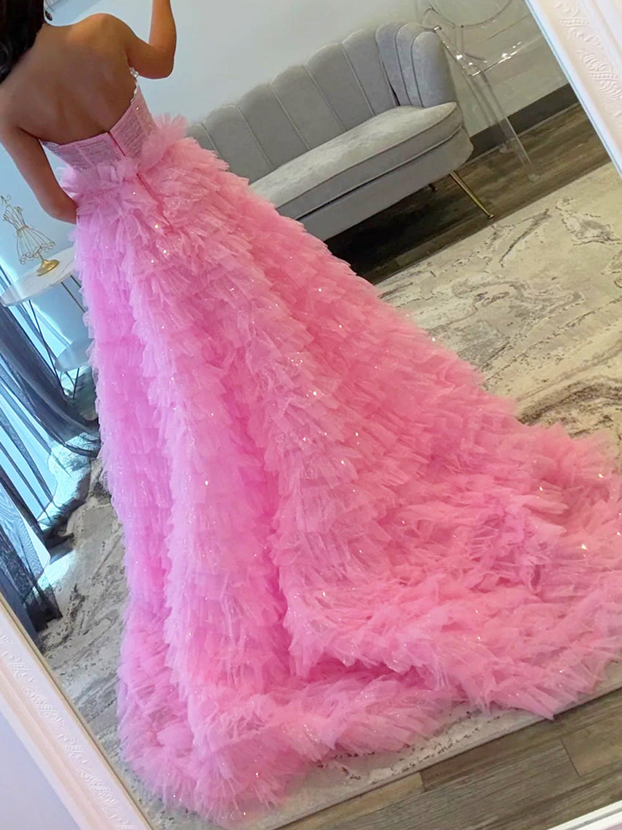 Pink Glitter Tulle Ruffled Prom Dress with Cutout Details