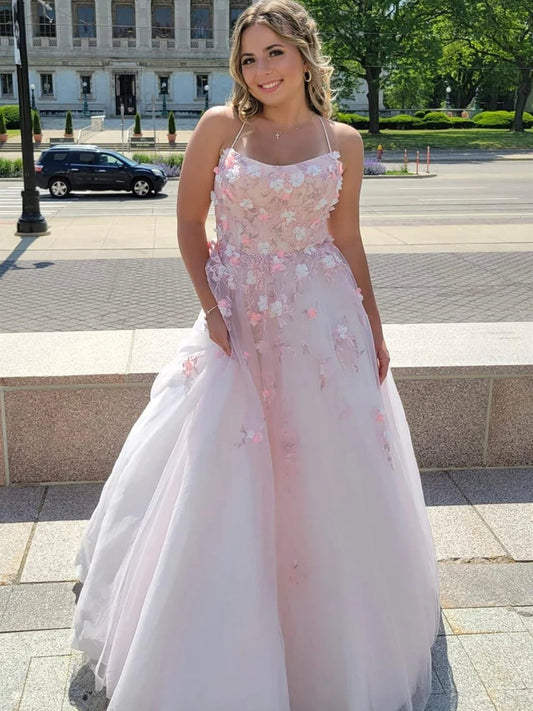 Open Back Pink Lace Floral Long Formal Evening Dress