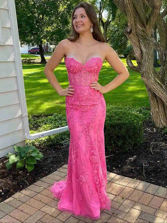 Pink Mermaid Lace Formal Graduation Dress
