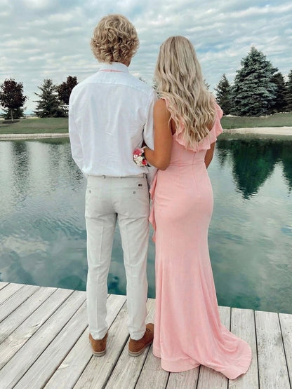 Pink Ruffled V-Neck Prom Dress with High Slit